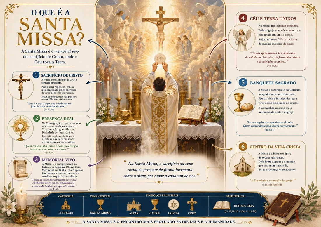 Página interna explicando o que é a Santa Missa com mapa mental ilustrado